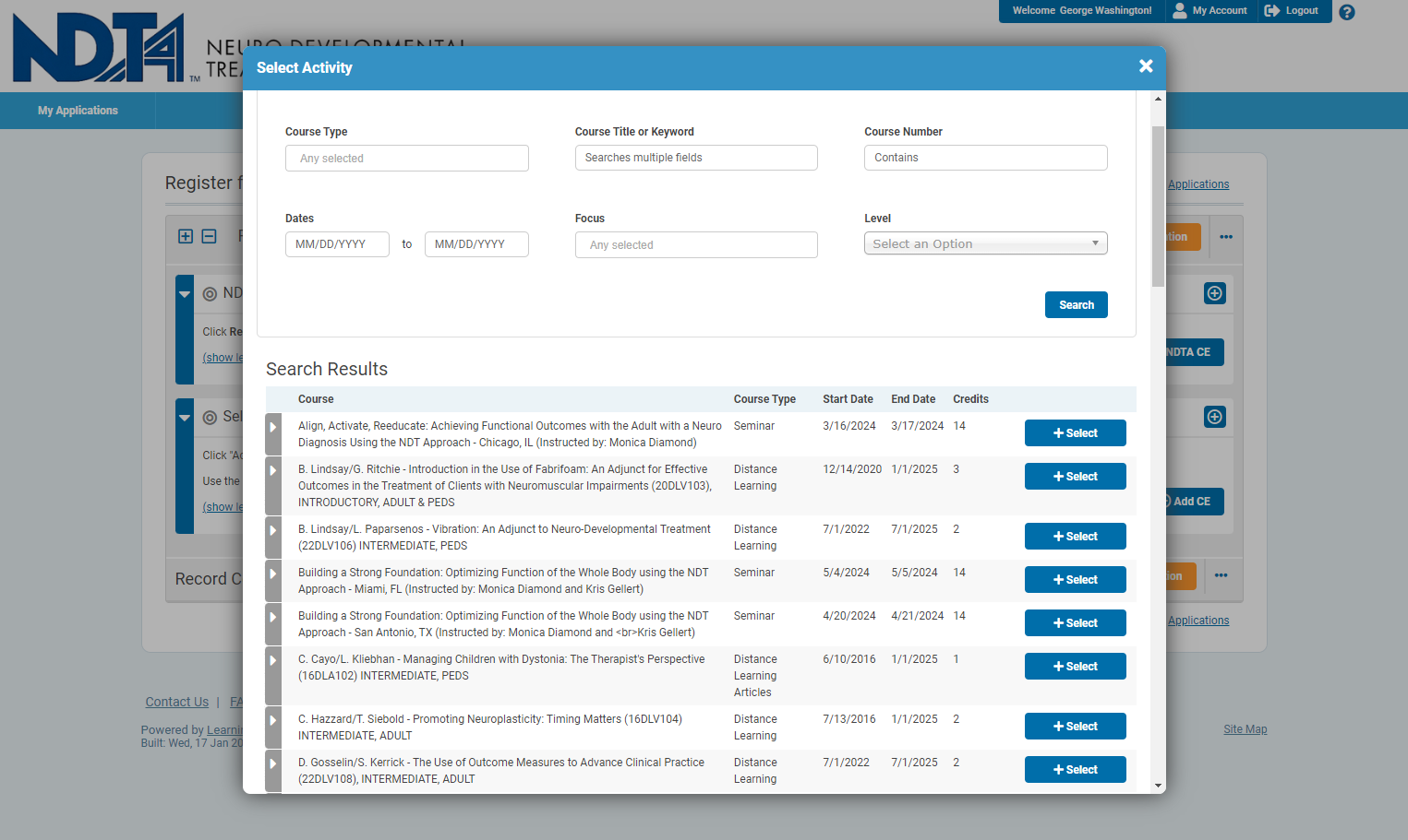 Once you've found the course you would like to register for, click Select