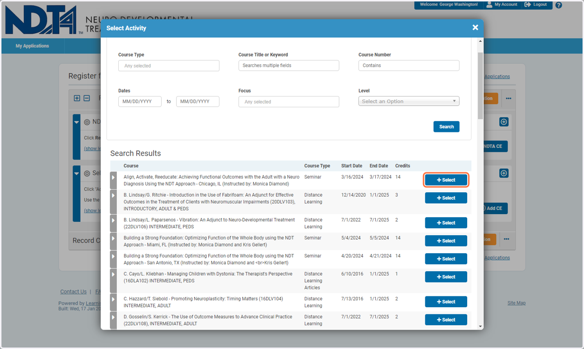 Once you've found the course you would like to register for, click Select