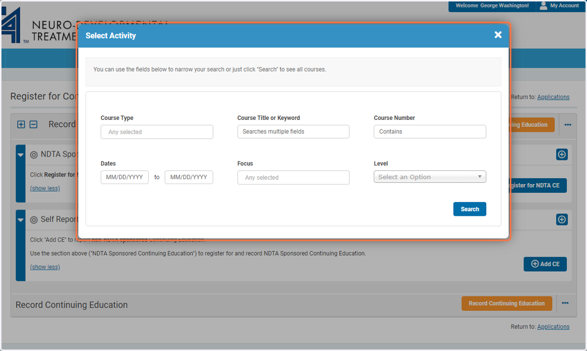 Search for a course by course number, keyword, course type, date, etc