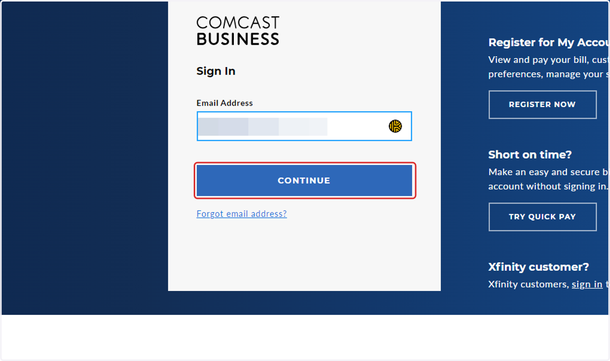 Enter your email address, click on CONTINUE