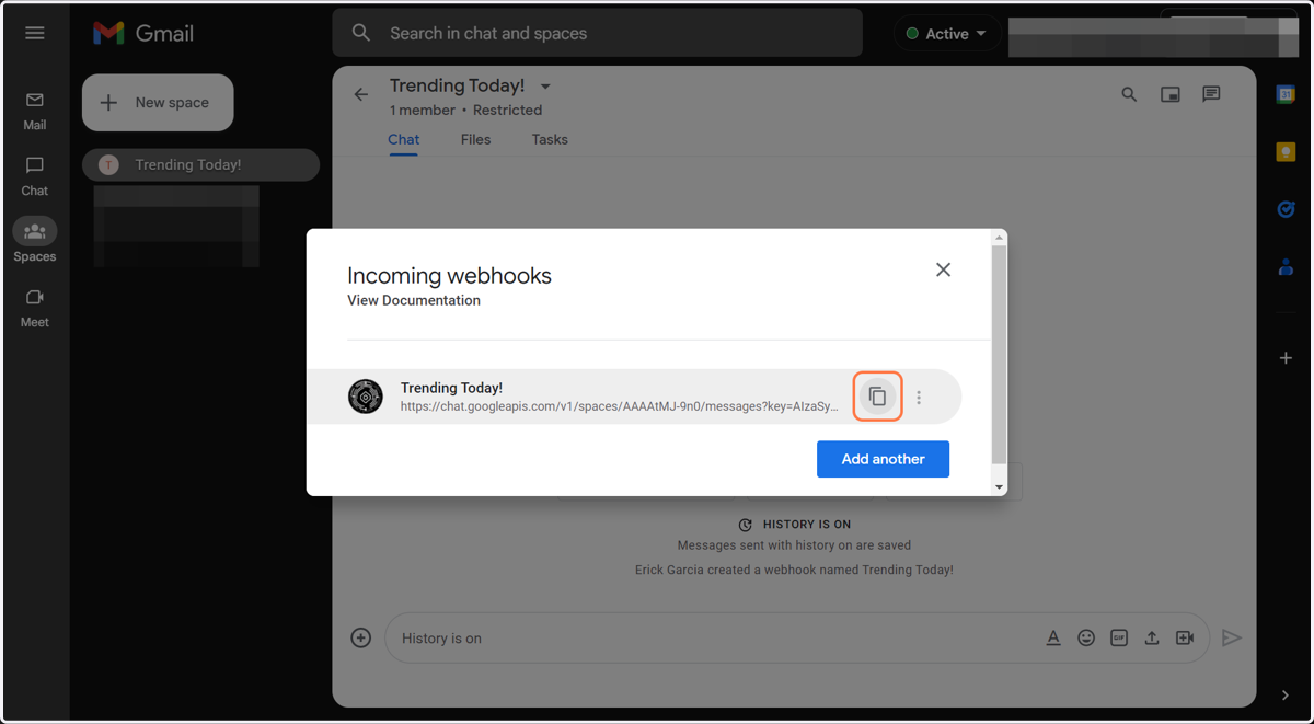 Click on Copy url of Trending Today! webhook.