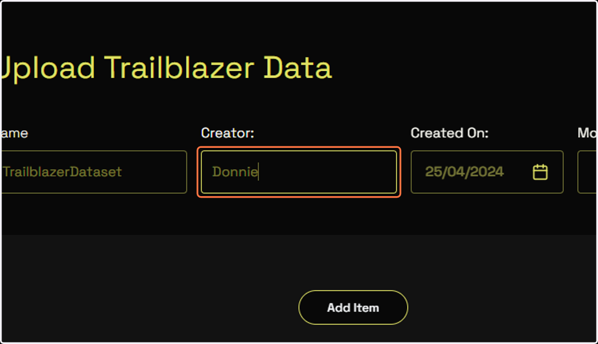 Fill in the Name and Creator fields for the dataset.