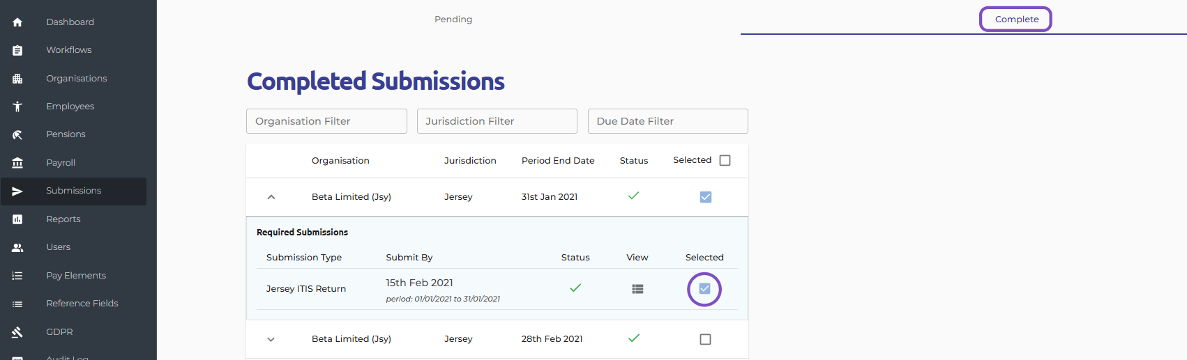 Back on the completed submission screen, please select the tick box next to the submission you wish to re-submit.