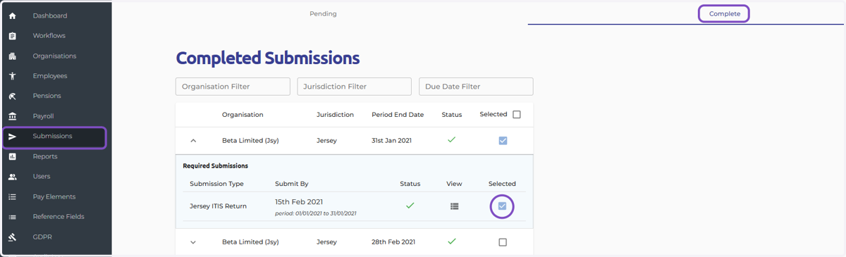 Back on the completed submission screen, please select the tick box next to the submission you wish to re-submit.
