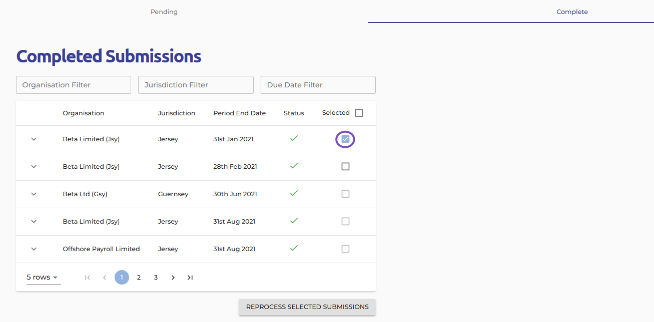Click the "REPROCESS SELECTED SUBMISSIONS" button. Ocerli will automatically process the resubmission with the Jersey government. Confirmation: The system will provide confirmation once the resubmission is complete.