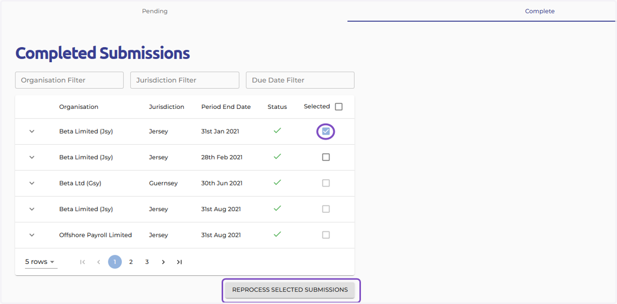 Click the "REPROCESS SELECTED SUBMISSIONS" button. Ocerli will automatically process the resubmission with the Jersey government. Confirmation: The system will provide confirmation once the resubmission is complete.