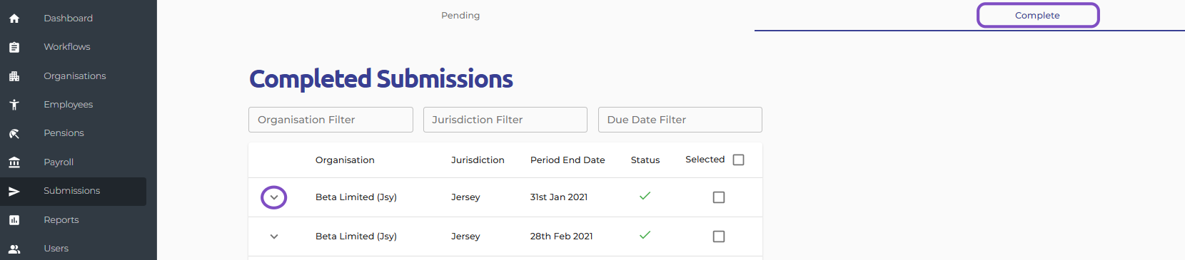 Navigate to the "Submissions" module, and select the "Completed Submissions" tab. Locate the Jersey return you need to resubmit. Select the down arrow icon next to the return to review the data.