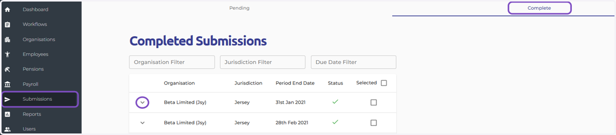 Navigate to the "Submissions" module, and select the "Completed Submissions" tab. Locate the Jersey return you need to resubmit. Select the down arrow icon next to the return to review the data.