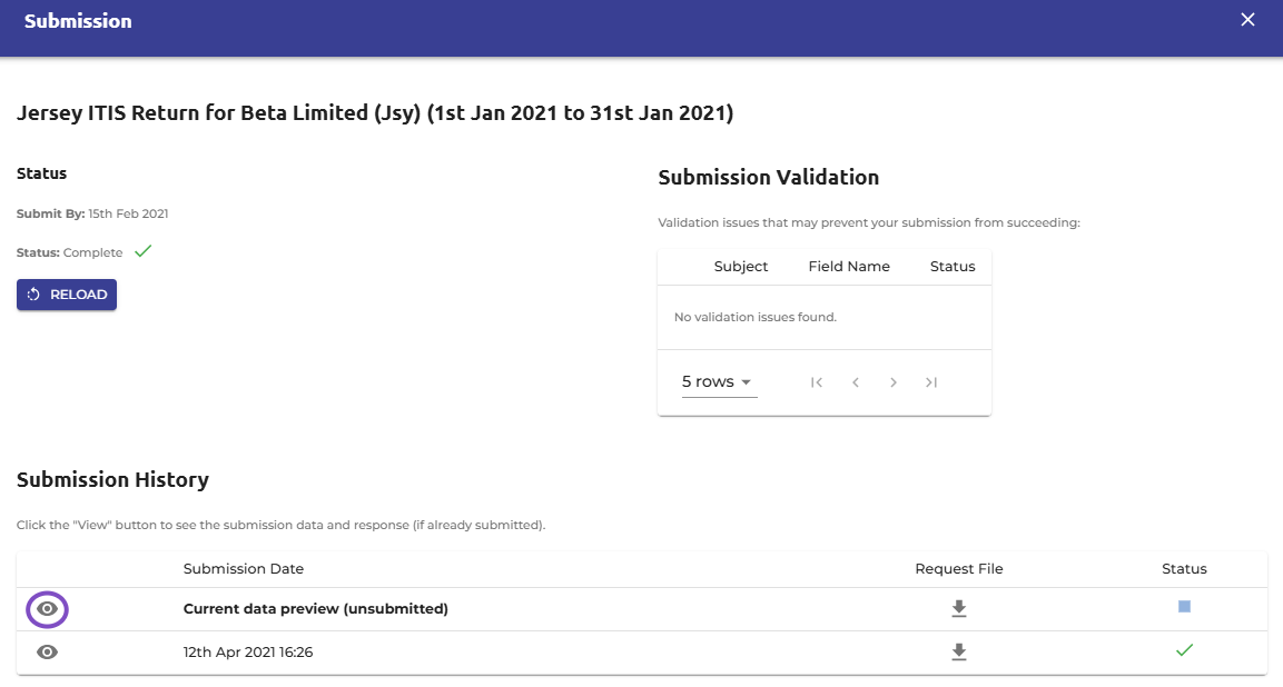 To view the data you wish to re-submit, please select the eye icon next to 'Current data preview (Unsubmitted)