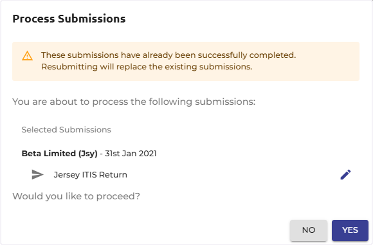 Select 'Yes' to confirm you wish to proceed with the resubmission