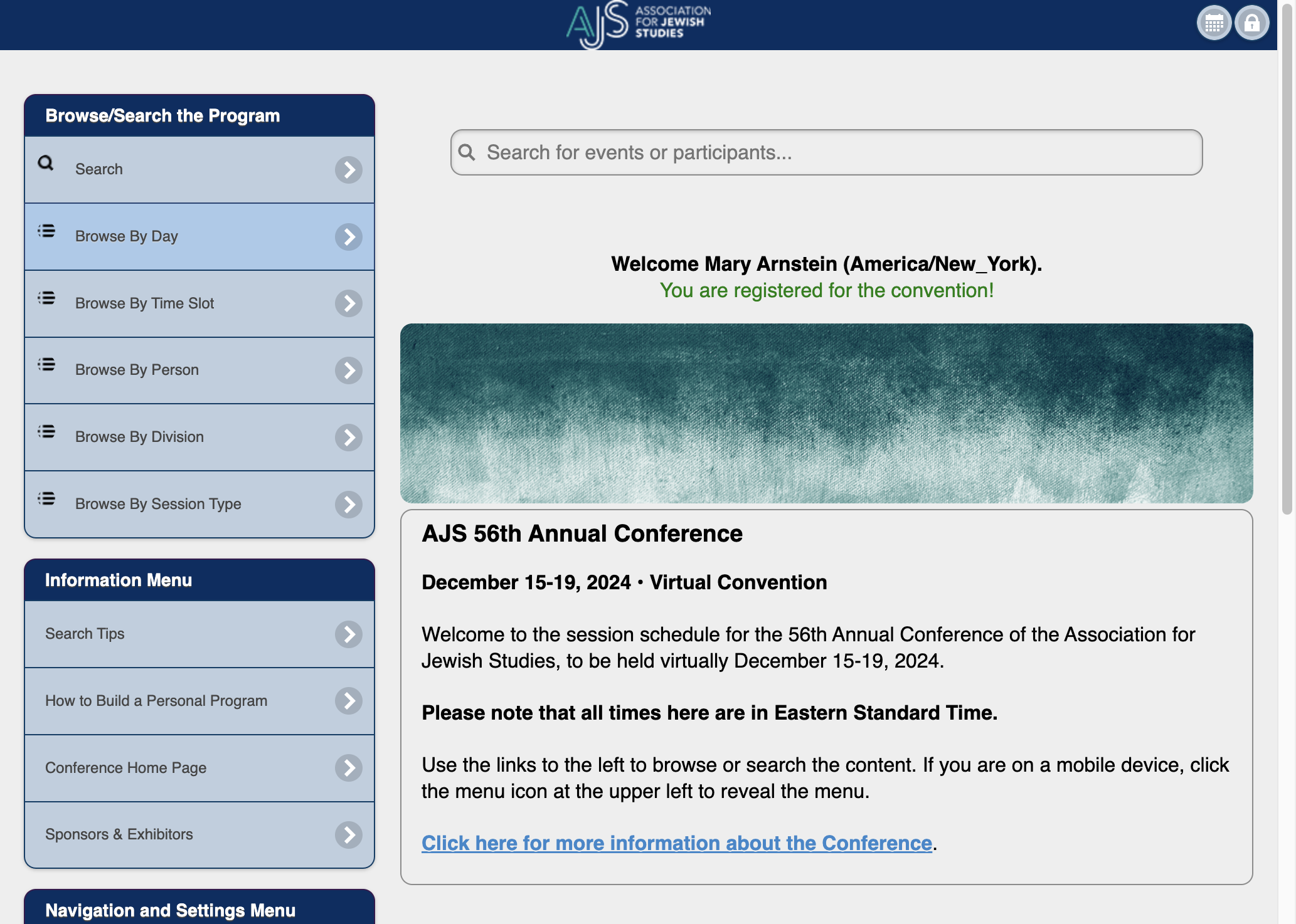 Search the Program by day, date, time slot, person, or division