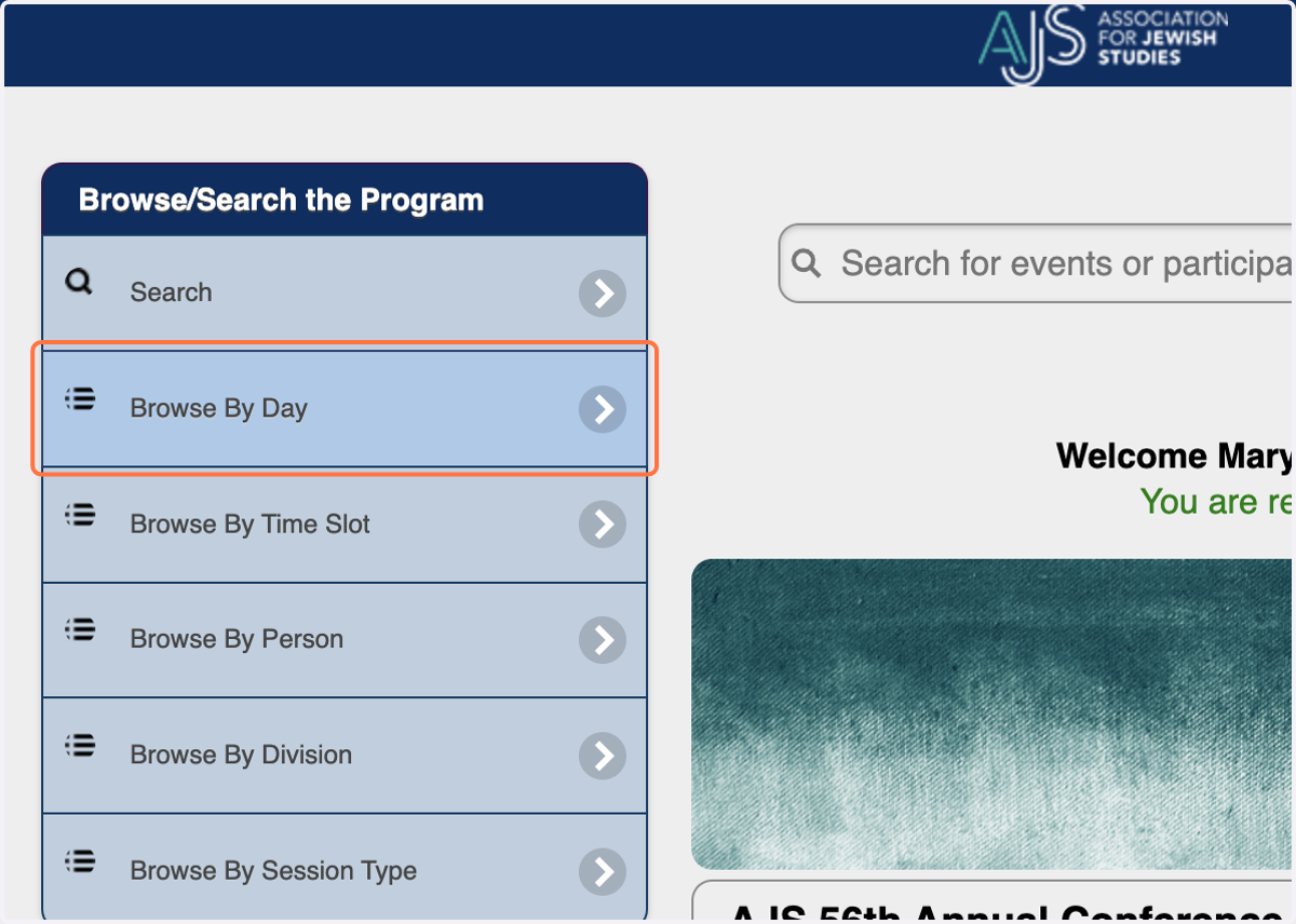 Search the Program by day, date, time slot, person, or division