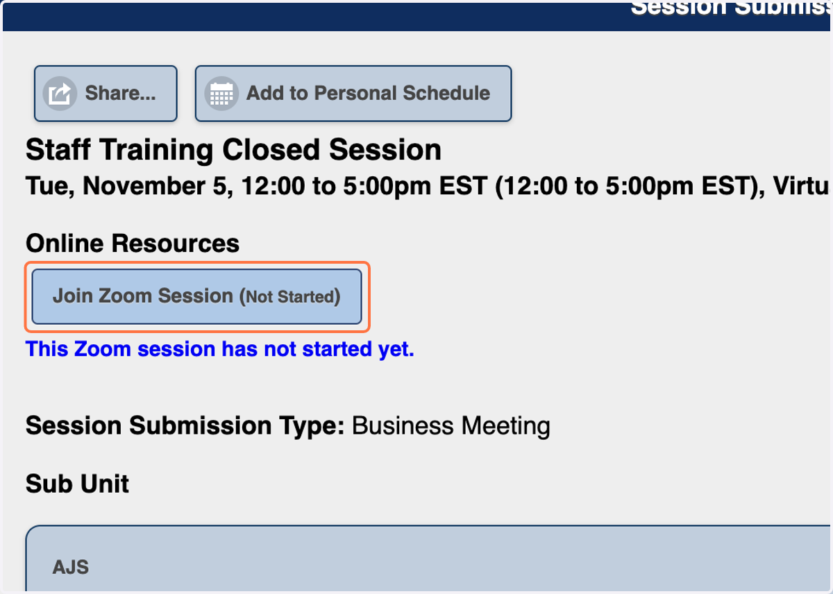 Join Zoom Session (meeting not started) view