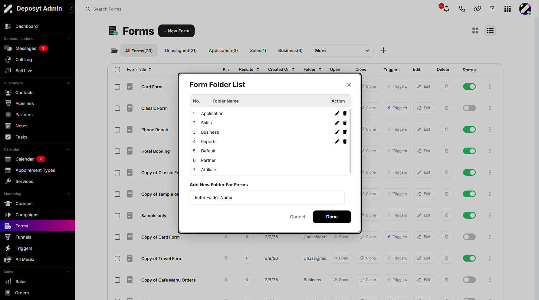 Step 4: A pop-up window will appear, allowing you to view the Form Folder List and add a new folder.