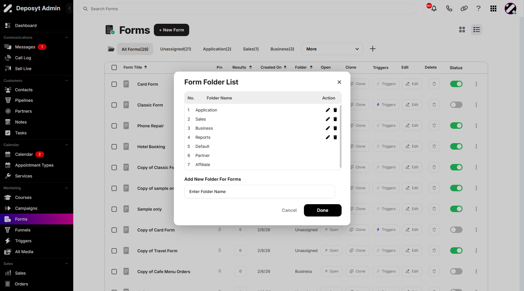 Step 5: You can manage your existing folders by either editing or deleting them.