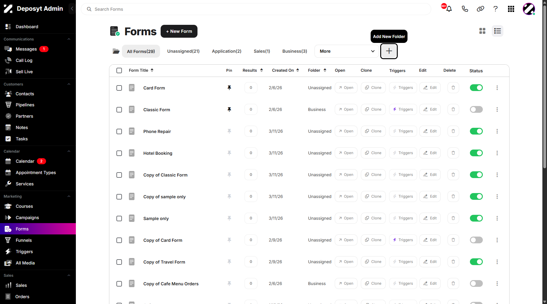 Step 3: Click the “+” plus sign icon next to the folder dropdown menu.