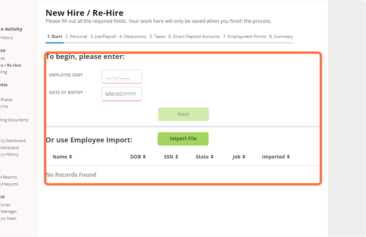 The new Employee Import functionality is accessed by selecting the Import File button. 