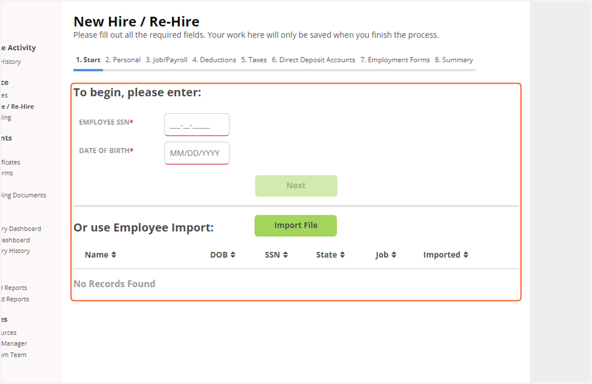 The new Employee Import functionality is accessed by selecting the Import File button.