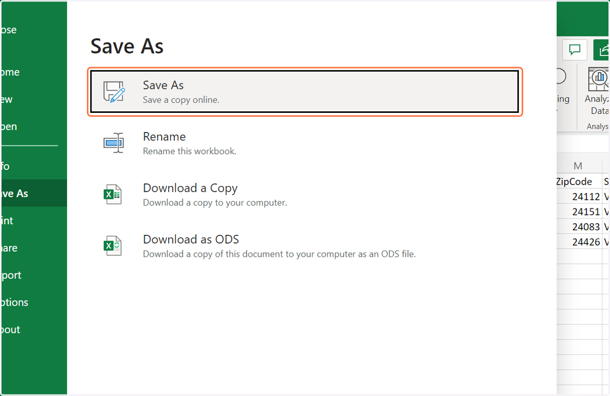 Excel online may have a different user interface so save the file as per usual.