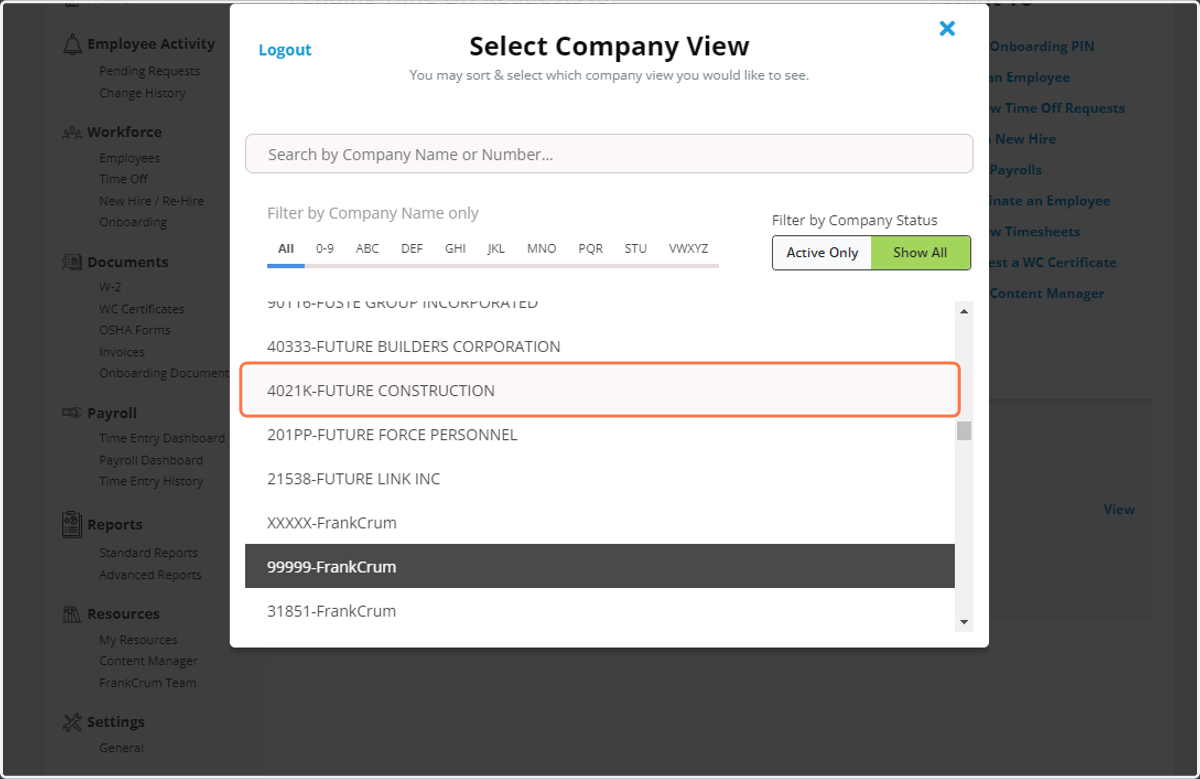 Click on the company the file is for. In our example this is 4021K-FUTURE CONSTRUCTION