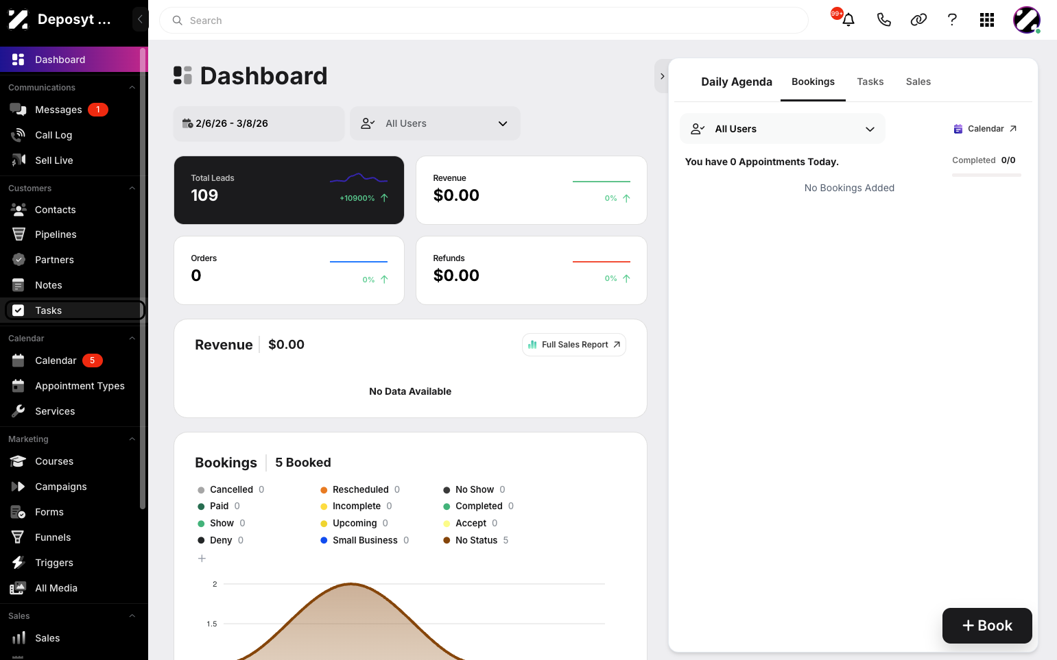 Step 1: On your Dashboard, navigate to the Tasks tab under the Customers section.