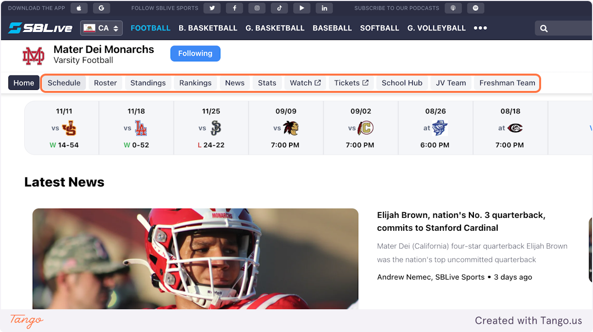 From here, you can navigate to the Schedule, Roster, Standings, Rankings, News, Stats, Streaming/Ticketing links, view the JV or Freshman teams, or go to the School Hub to choose a different team in the school
