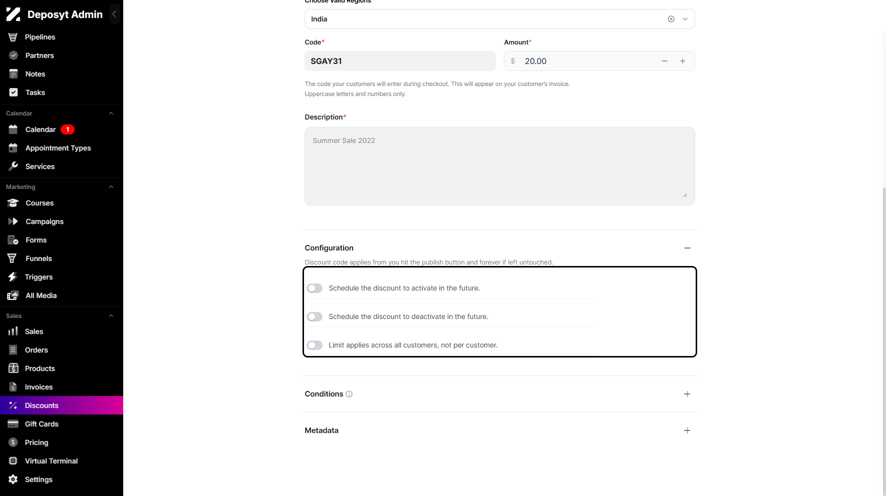 Step 7: Next is the Configuration section, where you can toggle the switch on or off to enable the selected option.