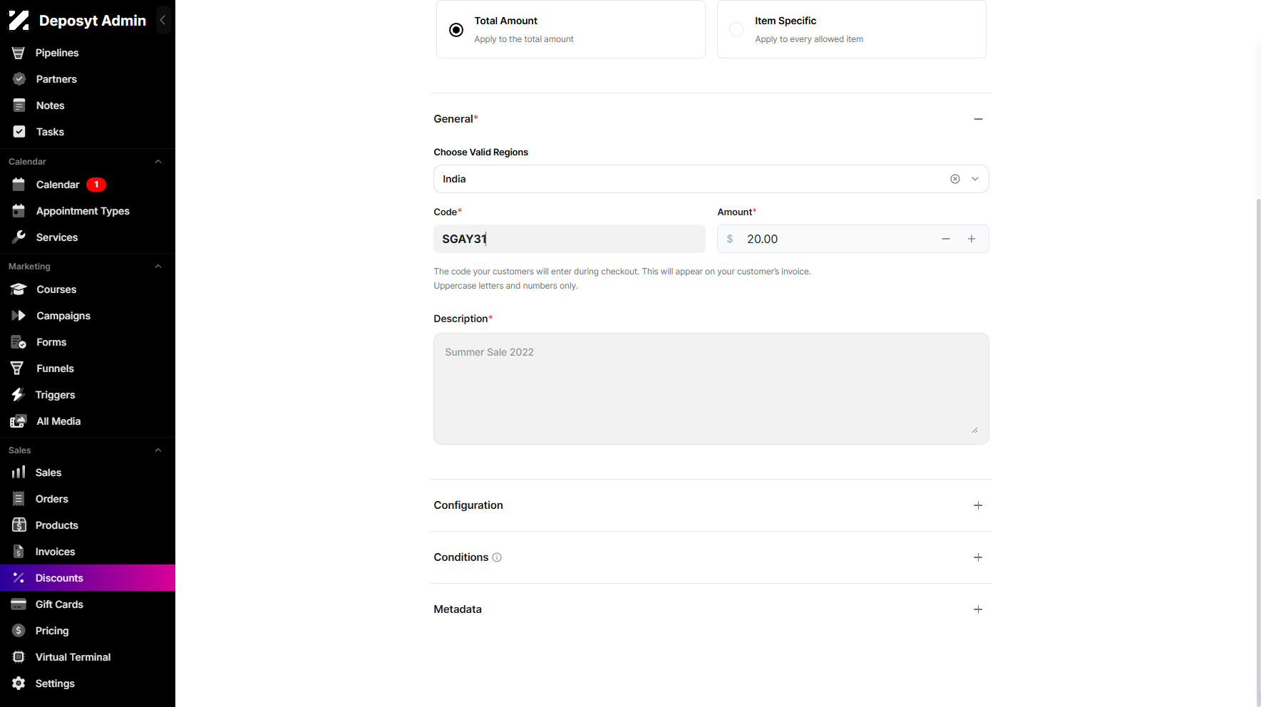 Step 6: You will then be prompted to enter the discount code, select a region, enter the amount, and add a description.