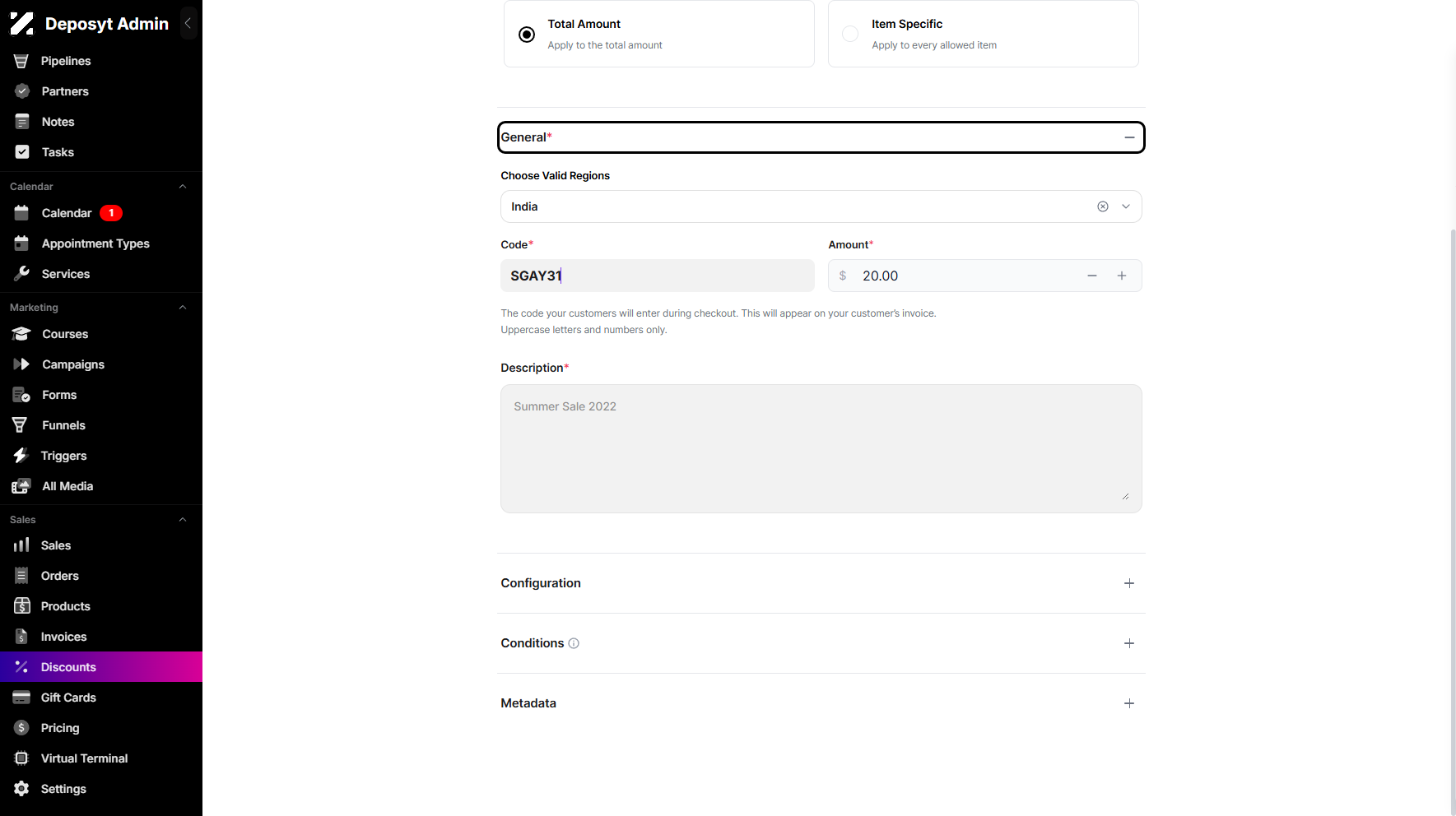 Step 6: You will then be prompted to enter the discount code, select a region, enter the amount, and add a description.
