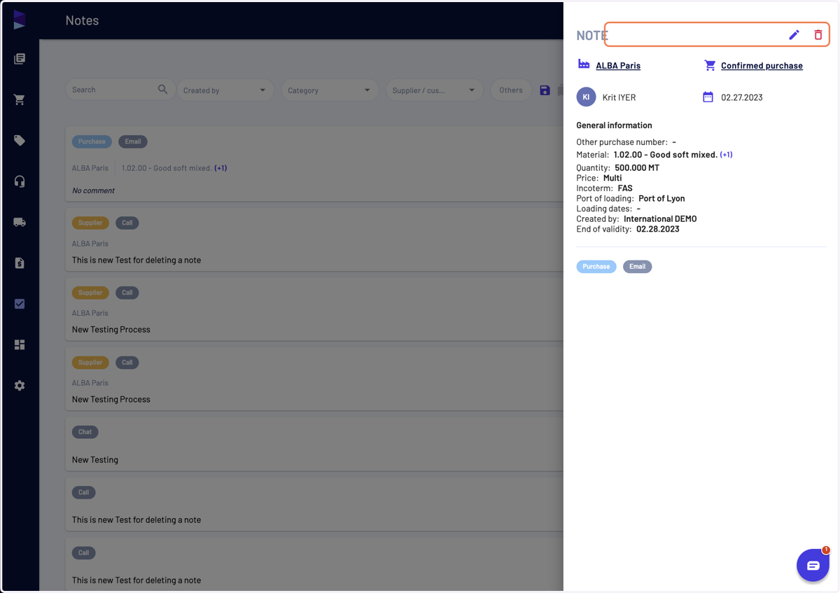 You can do the same actions from the note panel