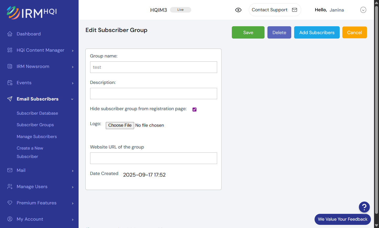 You will then be shown the following page where you can remove the subscriber group through the "Delete" button.