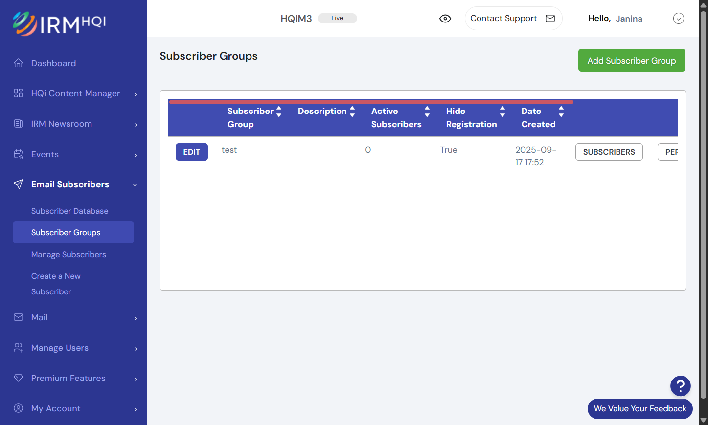 On the next page, click the “Edit” tab next to the Subscriber Group you would like to delete.