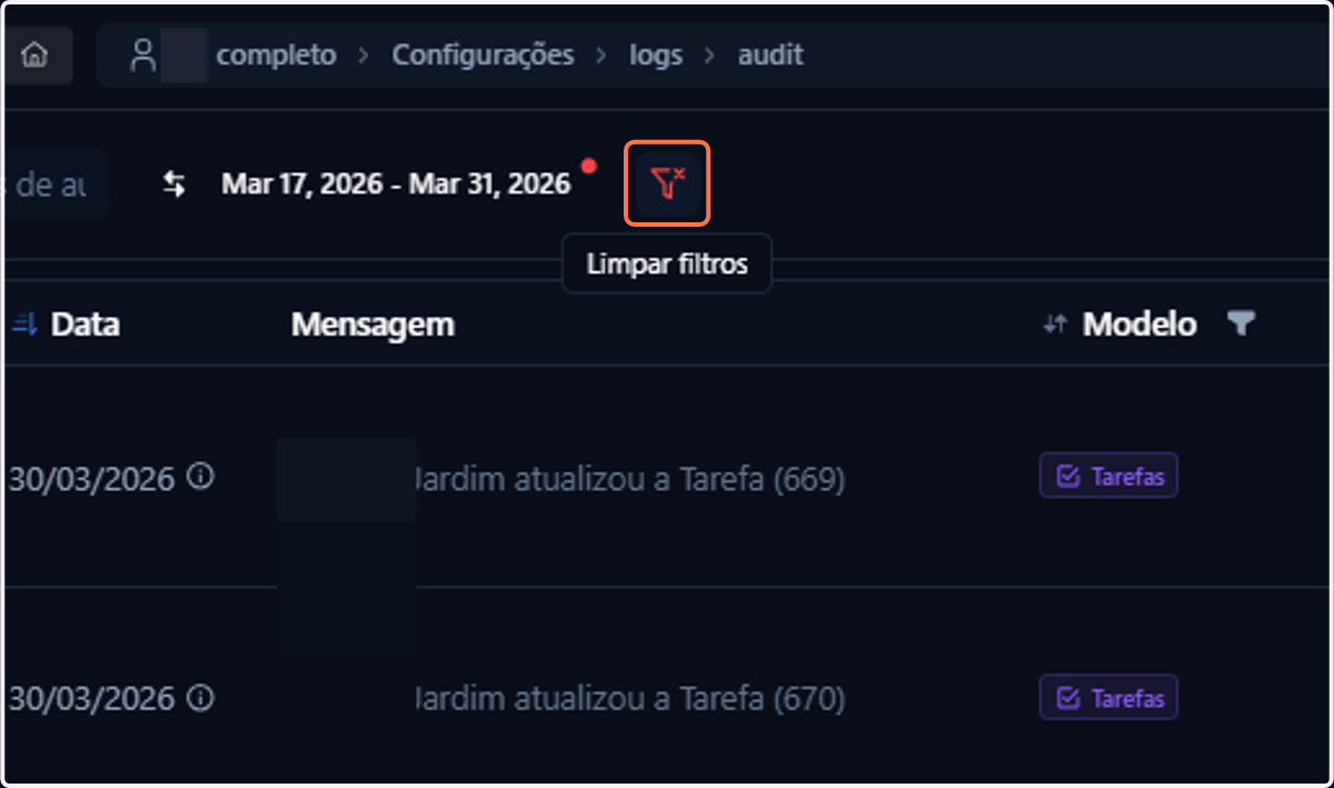 Para desativar todos de uma só vez, basta clicar na opção Limpar filtros