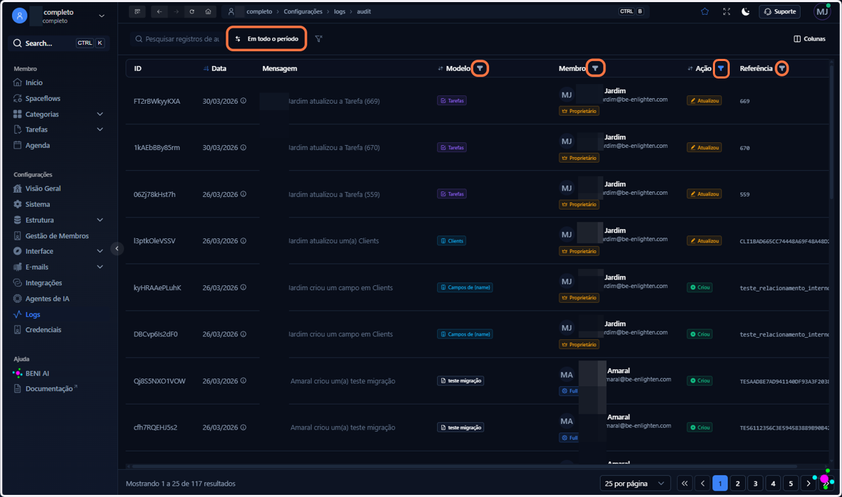 A tabela de logs apresenta filtros de data e filtros específicos por coluna