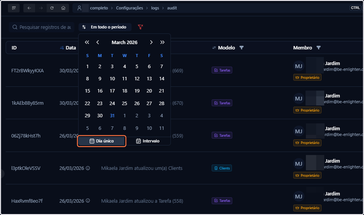 Acessando o filtro de datas, você verá, por padrão, uma busca simples por dia único