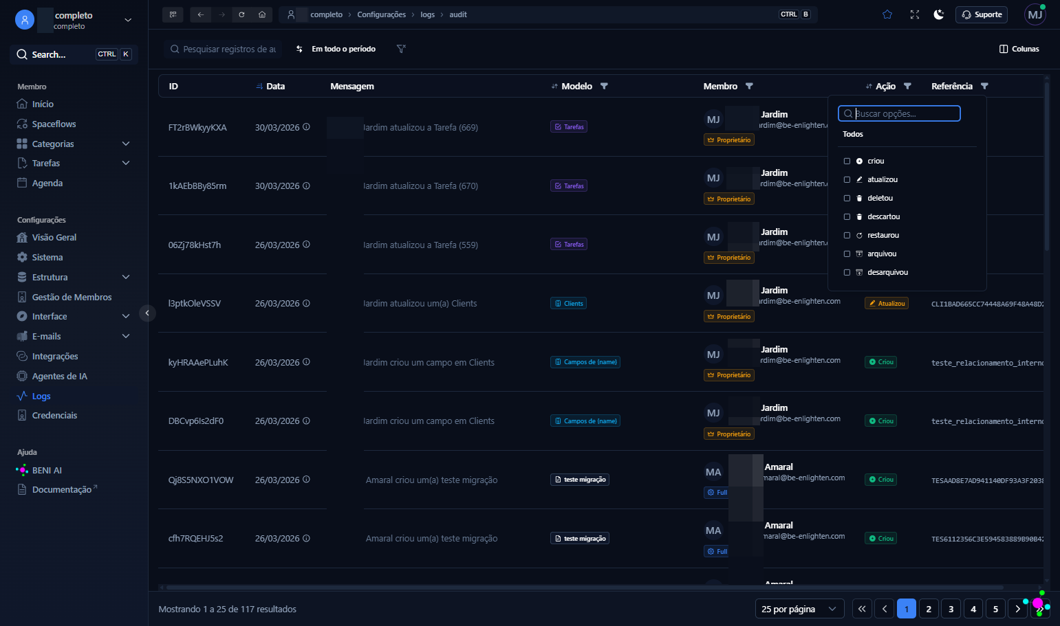 Um modal de configurações se abrirá de acordo com o formato da coluna selecionada