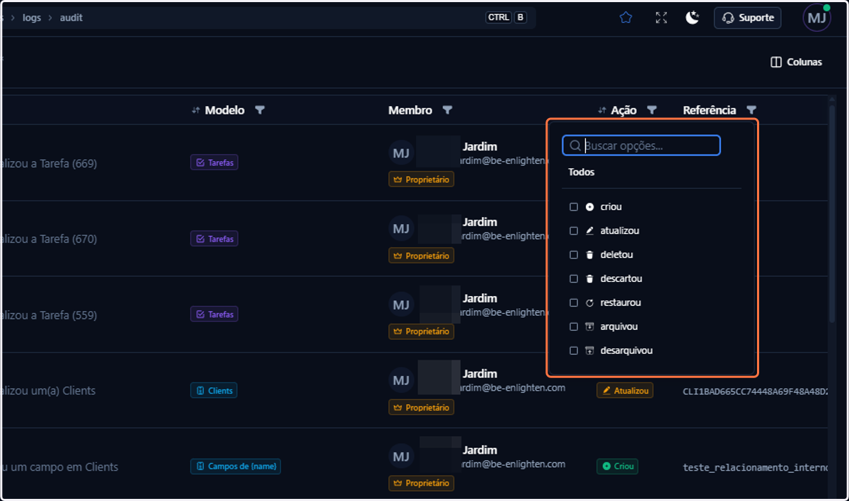 Um modal de configurações se abrirá de acordo com o formato da coluna selecionada