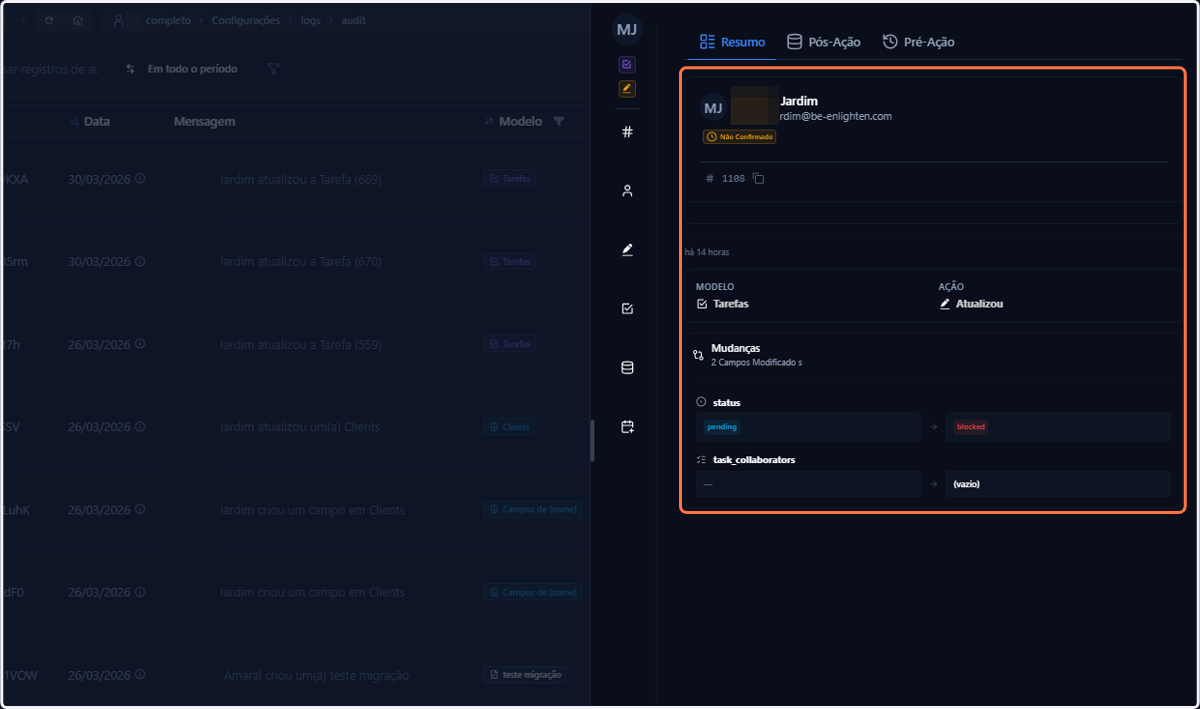 Na sidebar que se abrirá, você verá o resumo do log registrado