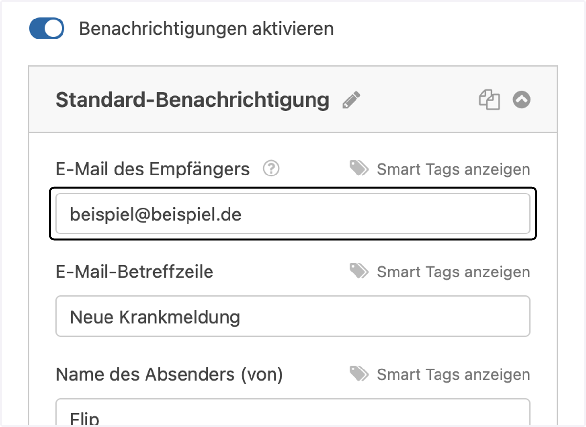 Trage in das Feld die E-Mail-Adresse ein, an die die ausgefüllten Formulare gesendet werden sollen.