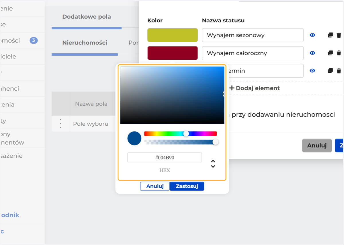 Wybierając z palety lub wpisując kod koloru