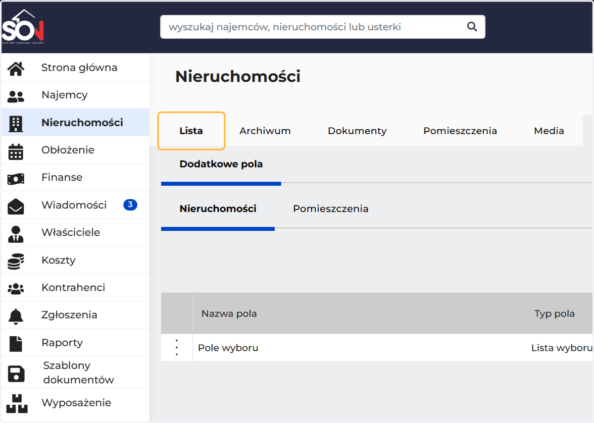 Pola będą dostępne na liście nieruchomości