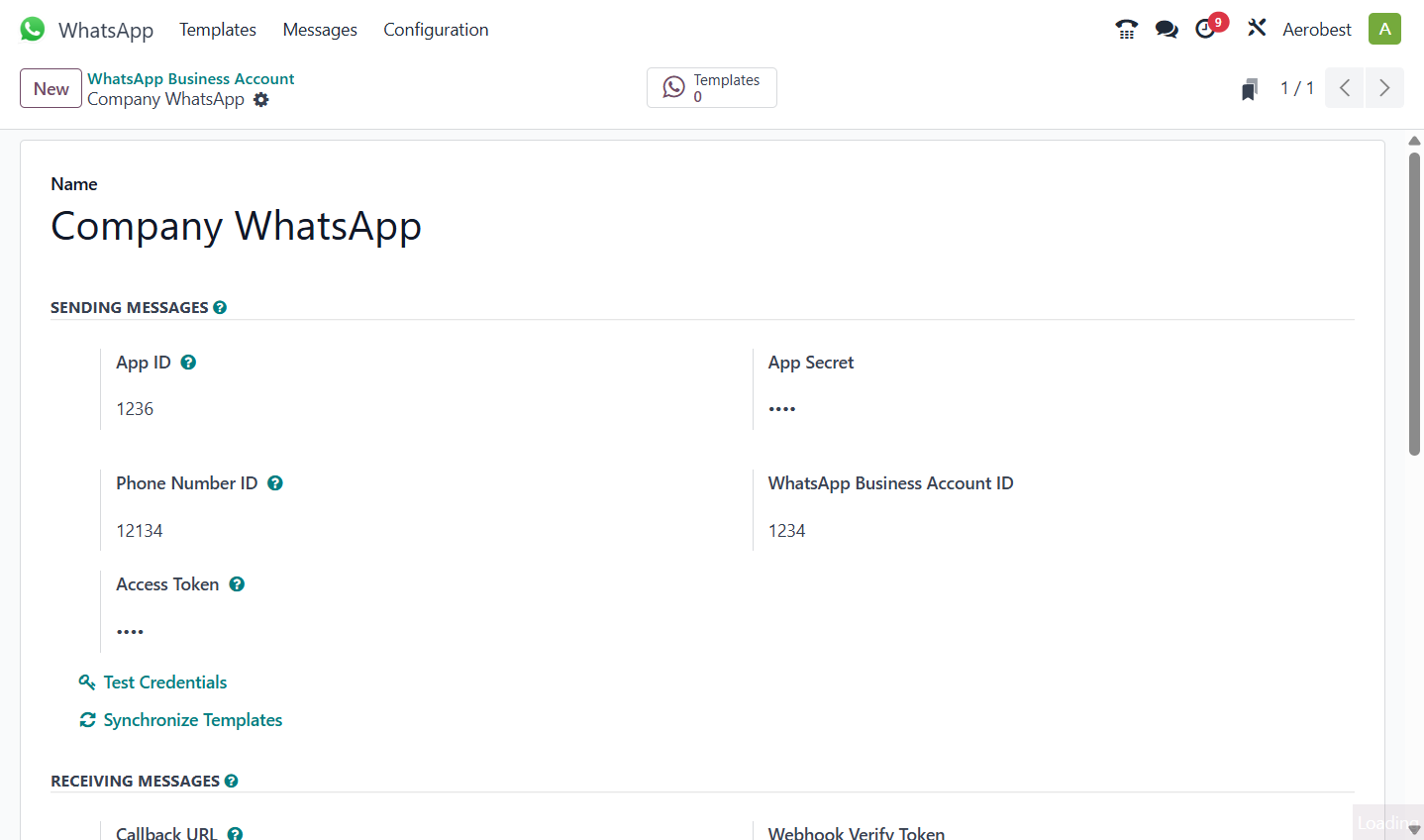 The App ID, App Secret, Phone Number ID, WhatsApp Business Account ID and Access Token come from your Meta app. Fill them in first if this account is new.