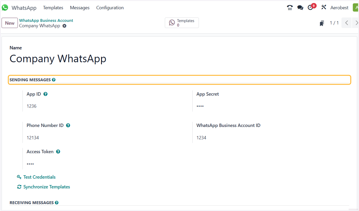 The App ID, App Secret, Phone Number ID, WhatsApp Business Account ID and Access Token come from your Meta app. Fill them in first if this account is new.