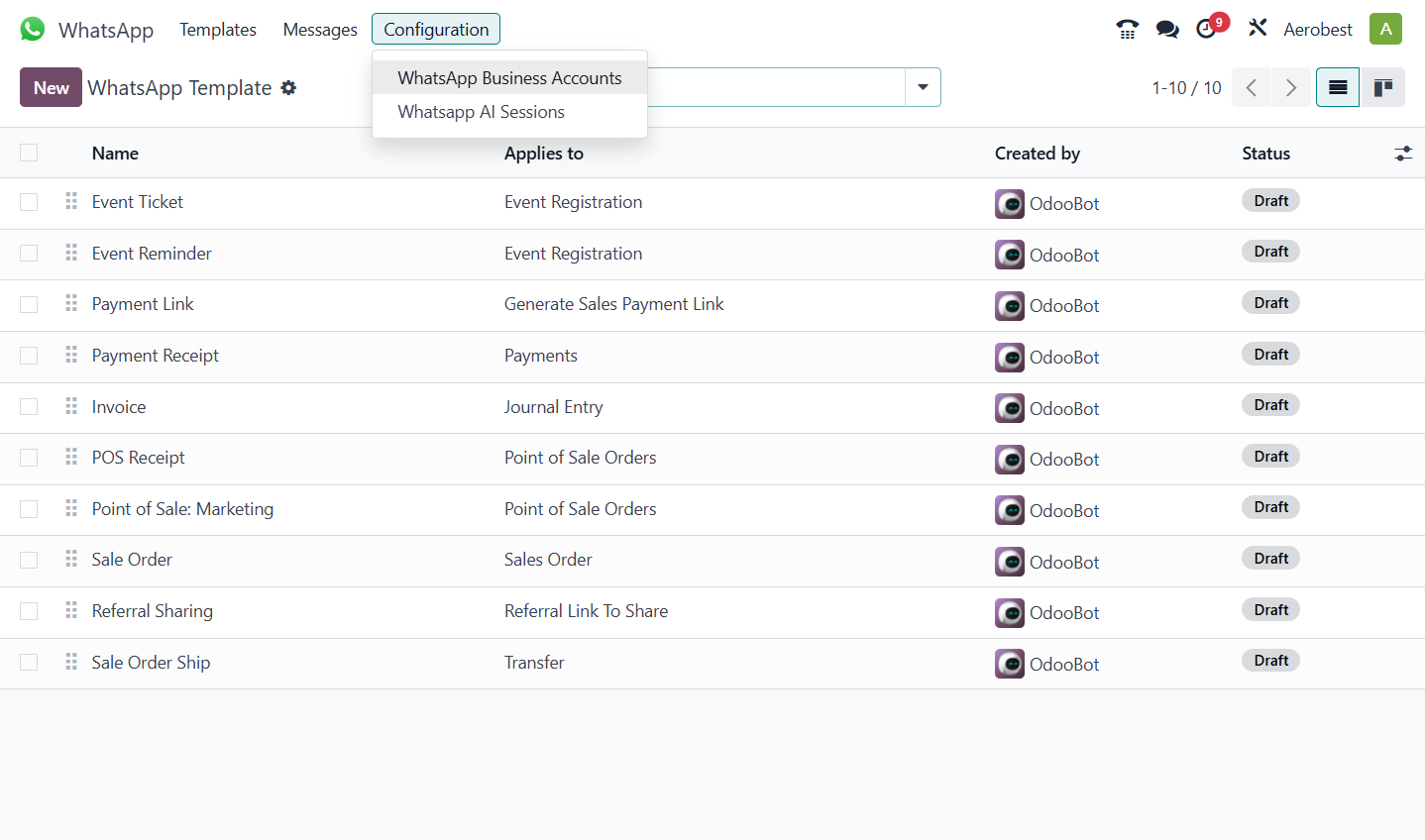 A. In WhatsApp, open Configuration… B. …and click WhatsApp Business Accounts.