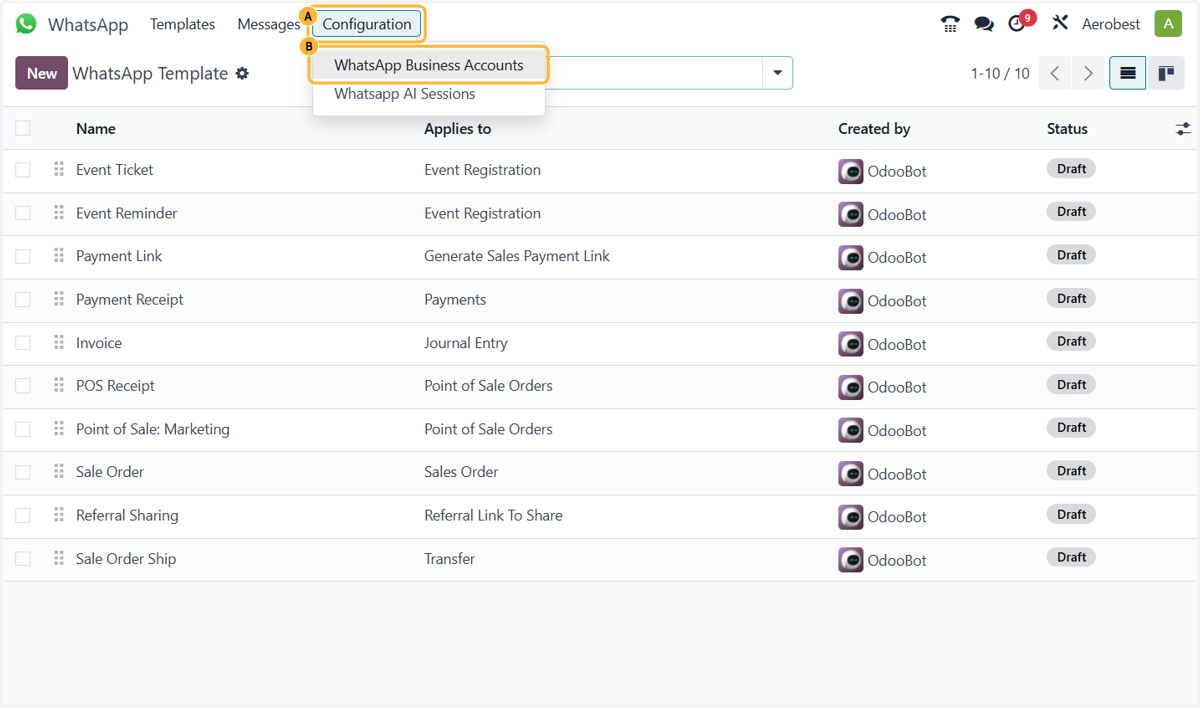 A. In WhatsApp, open Configuration… B. …and click WhatsApp Business Accounts.