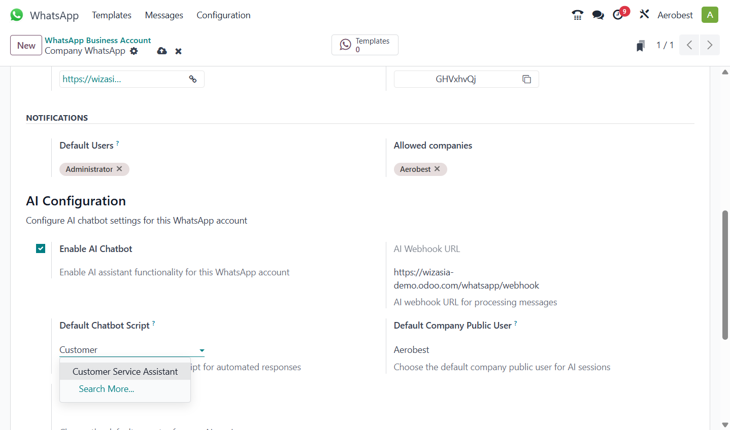 A. Scroll down to AI Configuration and tick Enable AI Chatbot. B. Under Default Chatbot Script, start typing your agent’s name… C. …and pick the agent that answers incoming WhatsApp messages.