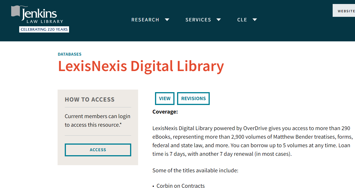 Return to Jenkins' launch page for LexisNexis Digital Library. The URL is https://www.jenkinslaw.org/research/databases/lexisnexis-digital-library