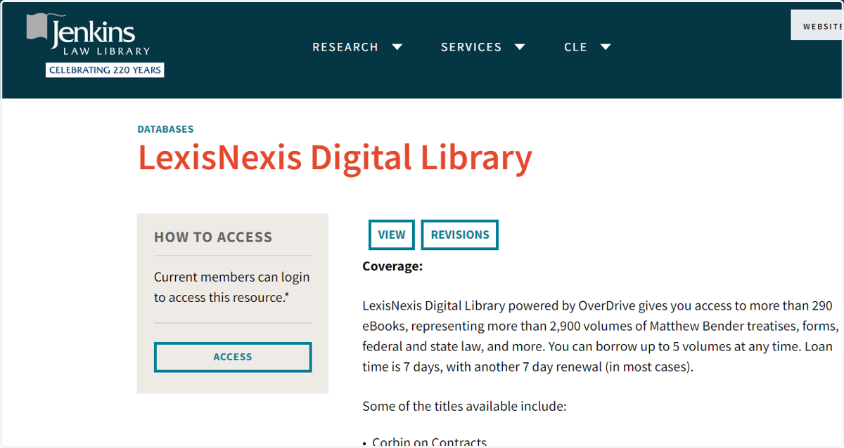Return to Jenkins' launch page for LexisNexis Digital Library. The URL is https://www.jenkinslaw.org/research/databases/lexisnexis-digital-library