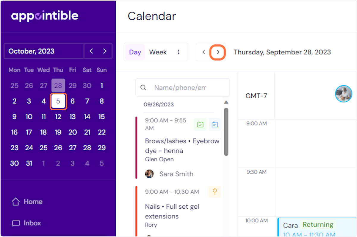 Pick a date on the small calendar in the left-side panel