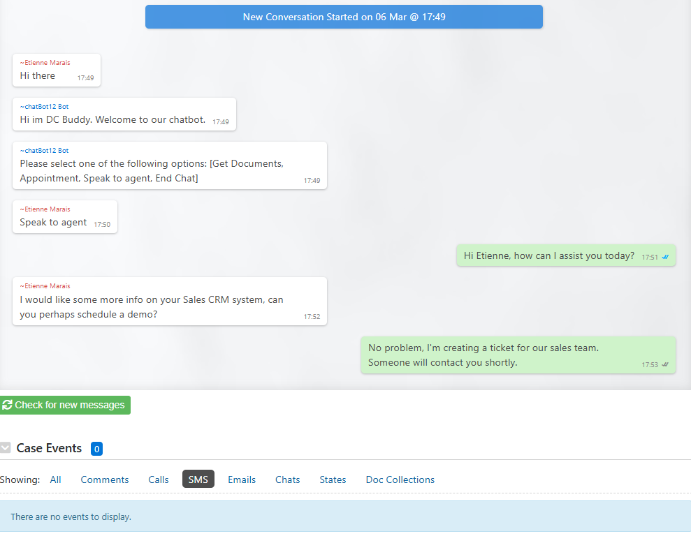Here is a snapshot of the conversation under the WhatsApp Messages tab